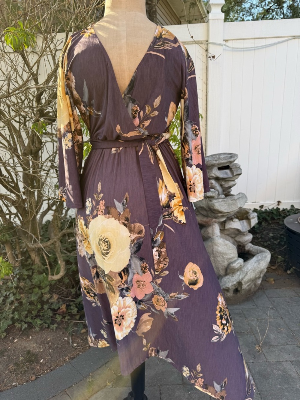 West Kei Asymmetrical Floral Wrap Dress in Plum and Yellow